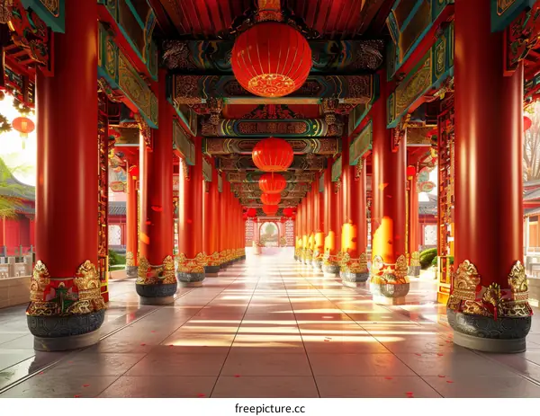 Chinese courtyard with red columns and lanterns