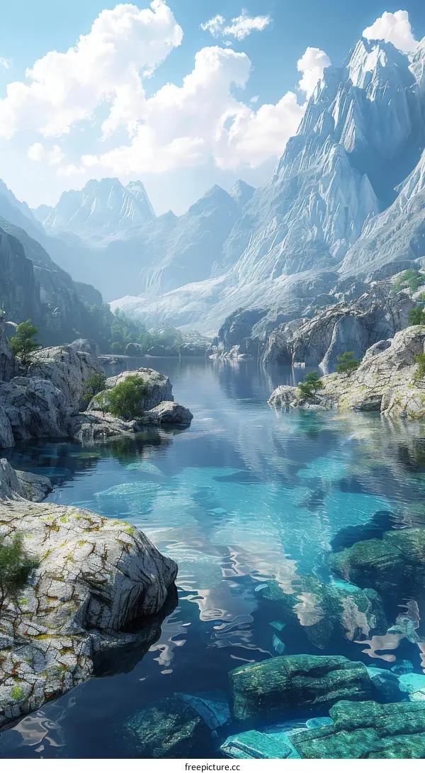 Serene Mountain Lake Landscape with Snow-Capped Peaks