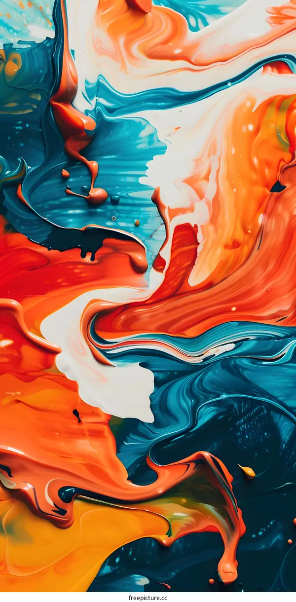 Abstract Swirls of Blue, White, Orange, and Yellow Paint