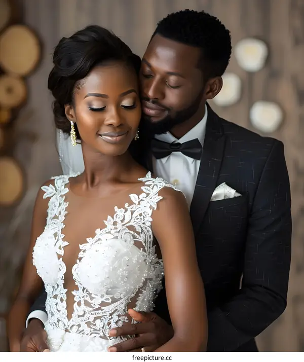 A loving African couple hug each other at their wedding