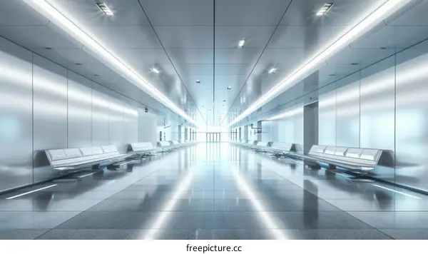 Futuristic empty airport terminal interior with bright lights