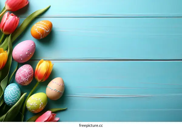 Colorful Easter Eggs and Tulips on a Light Teal Wooden Background