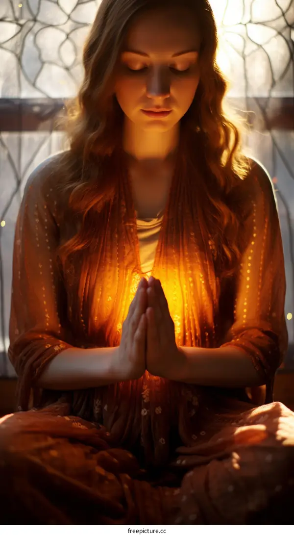Young praying woman with long red hair and hands together