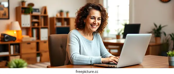 Smiling Woman Working on Laptop at Home Office