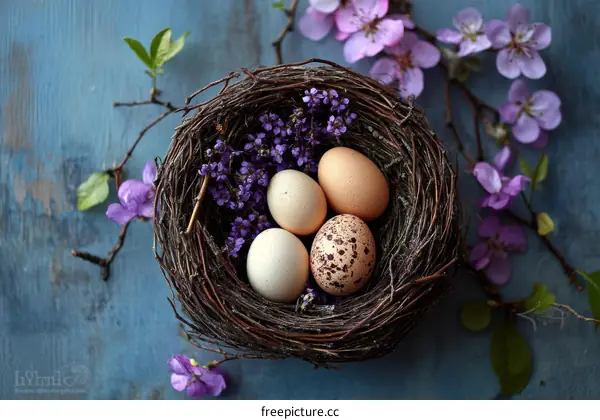 Spring Eggs in a Nest with Blossoms