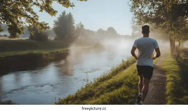 Man Running Along River Path on Foggy Morning