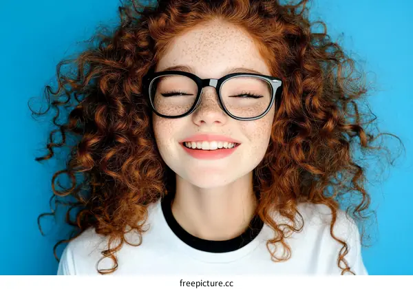 Smiling redhead girl with curly hair and glasses