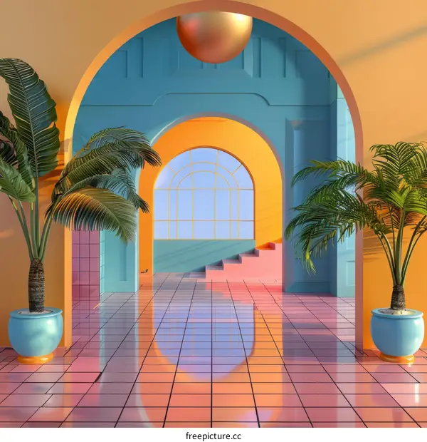 A retro hallway with blue and orange accents and palm trees