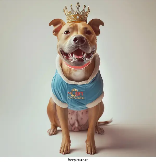 A smiling pit bull terrier wearing a blue and white jacket and a gold crown