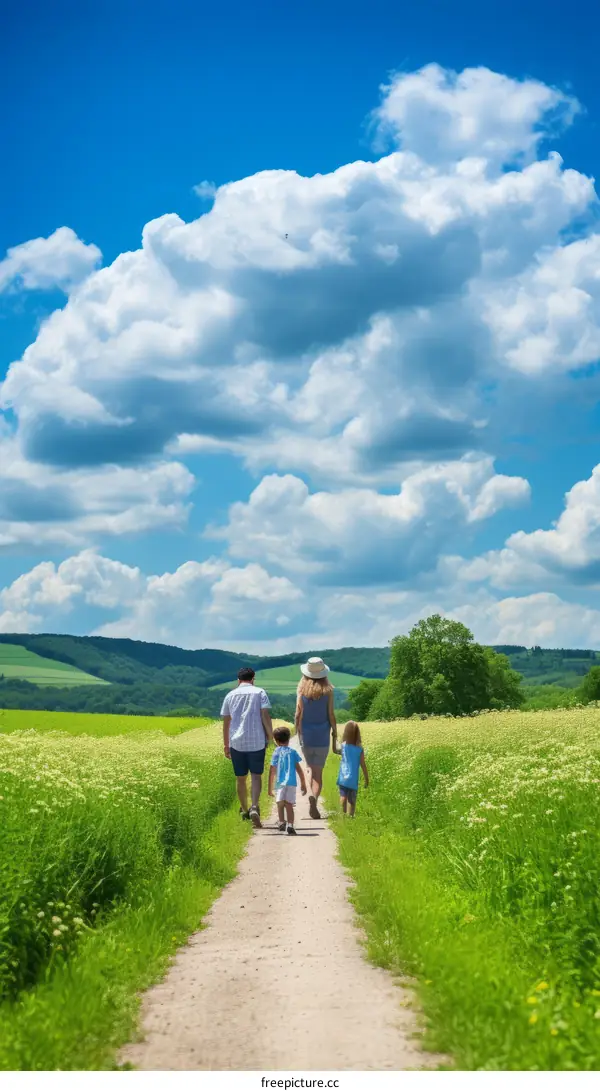 Family of four walking on a country path