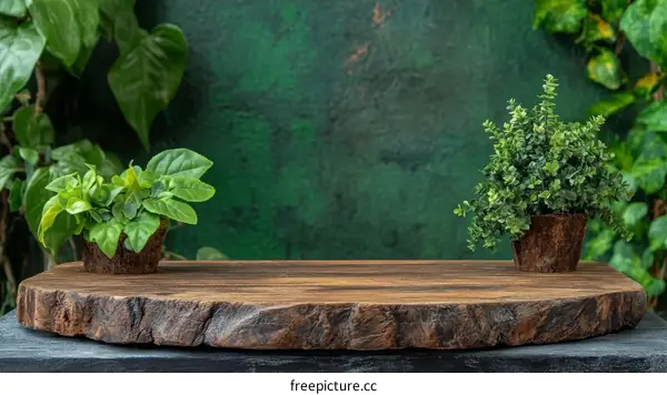 Wooden Table Top with Plants Display