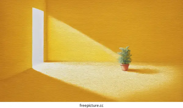 Sunlight Illuminating a Small Plant in a Yellow Room