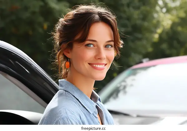 Smiling Woman by a Car Outdoors