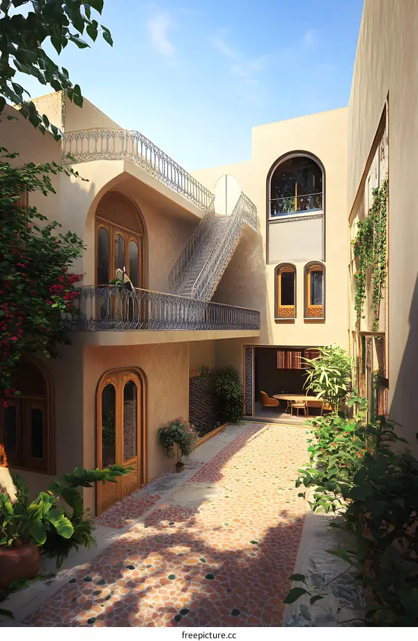 Traditional Middle Eastern Courtyard with Stone Floor and Plants