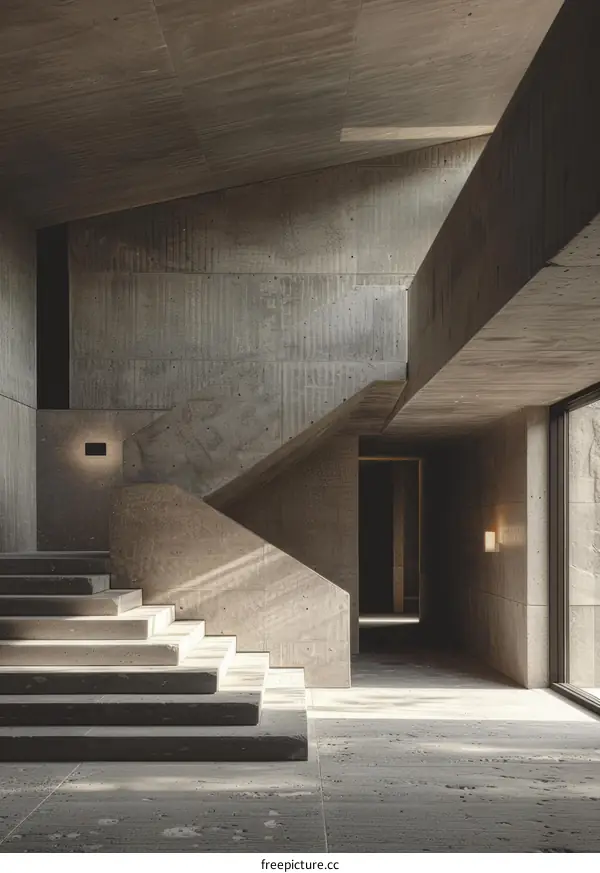 Wooden stairs in a modern concrete building