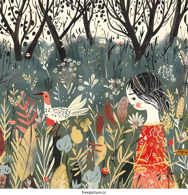 Woman in Red Dress Standing in a Colorful Floral Forest