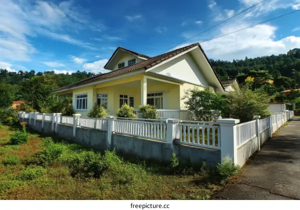 Yellow House with White Fence in a Sunny Landscape