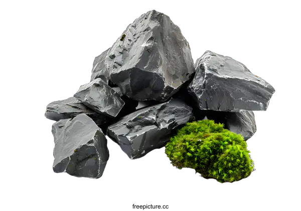 [Transparent Background PNG]Black Rocks and Green Moss on a White Background