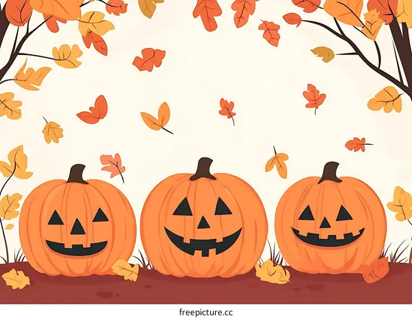 Three Smiling Pumpkins in Fall