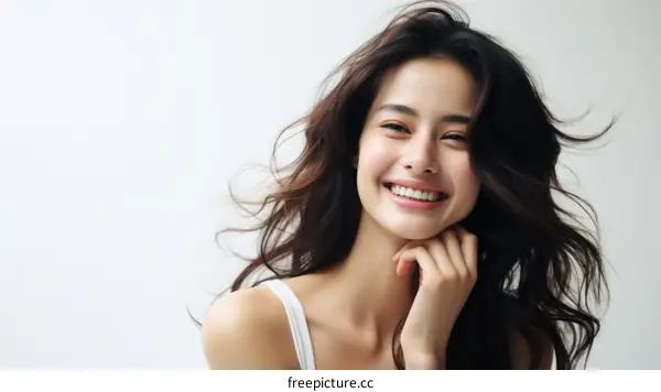 Portrait of a smiling young Asian woman with long dark hair