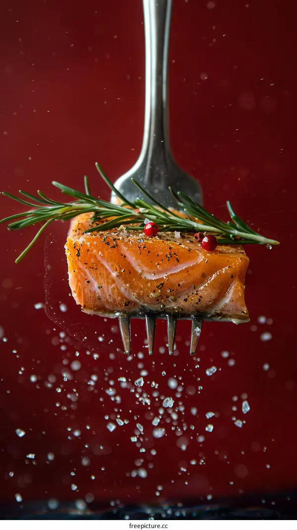 A fork holding a piece of salmon garnished with rosemary