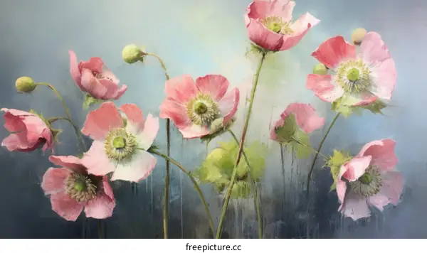Pink flowers painted in an impressionist style