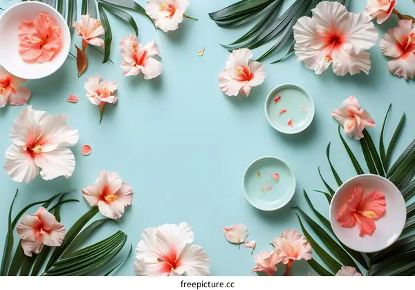 Tropical Flower Arrangement on Blue Background