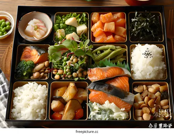 Japanese Bento Box With Salmon, Vegetables, and Rice