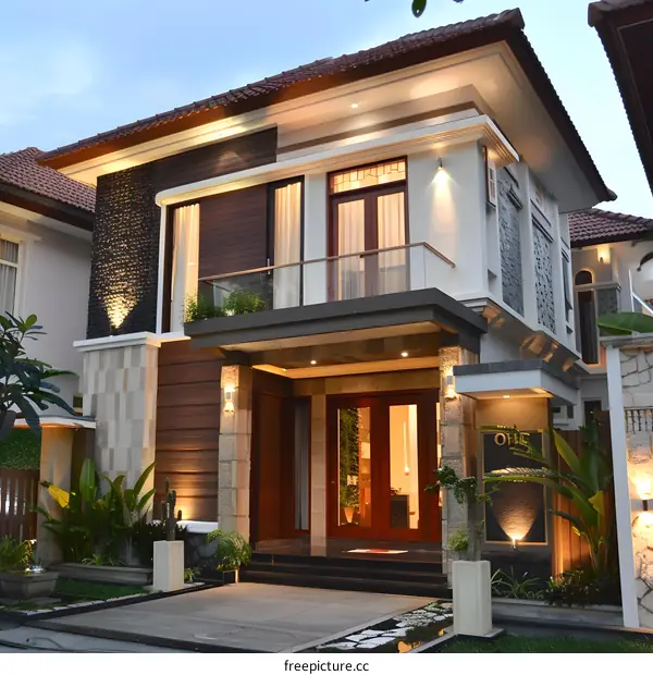 Modern Two Story House Exterior With Wooden Doors
