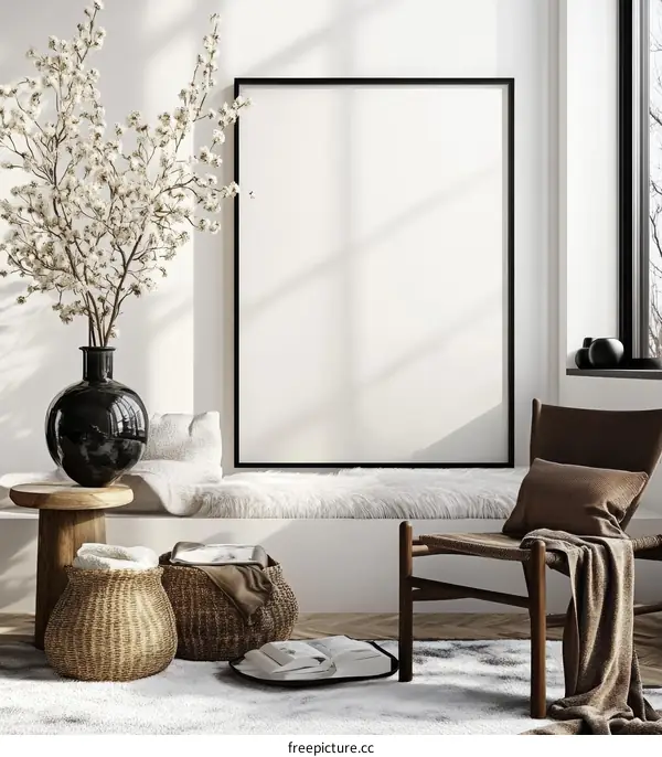 Modern minimalist home interior mockup with blank poster