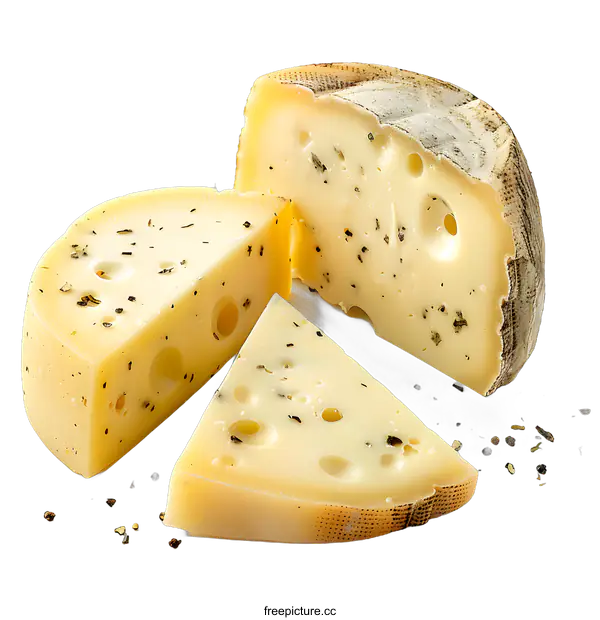 [Transparent Background PNG]Sliced cheese wheel with black peppercorns