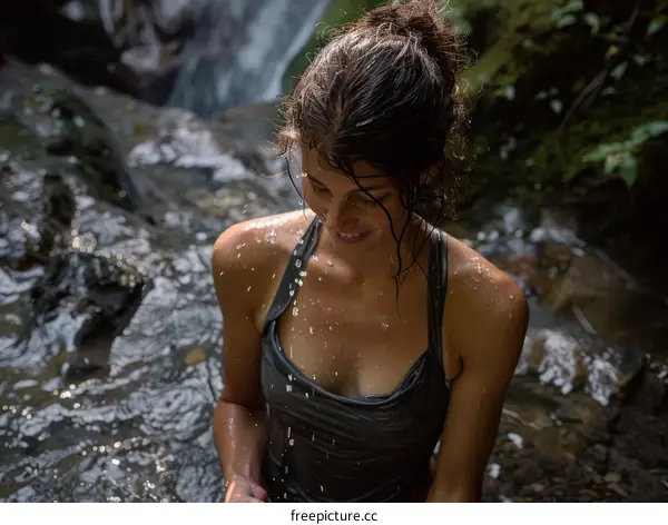 Woman in gray tank top standing in waterfall
