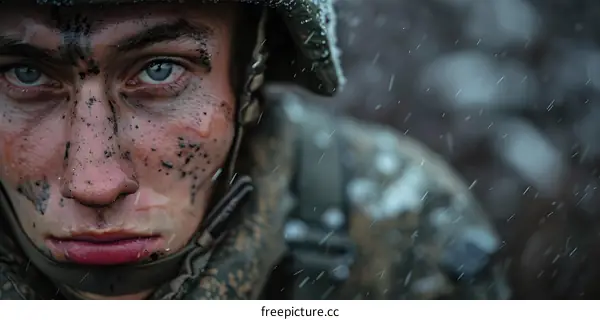 Portrait of a young soldier with blue eyes and a determined expression on his face. He is wearing a military helmet and his face is covered in mud and water.