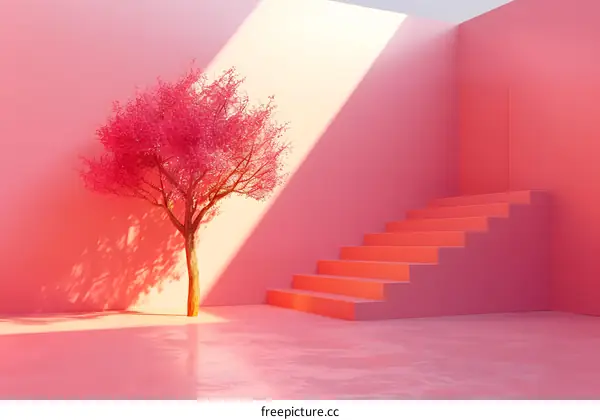 Minimalist Pink Room with Tree and Stairs
