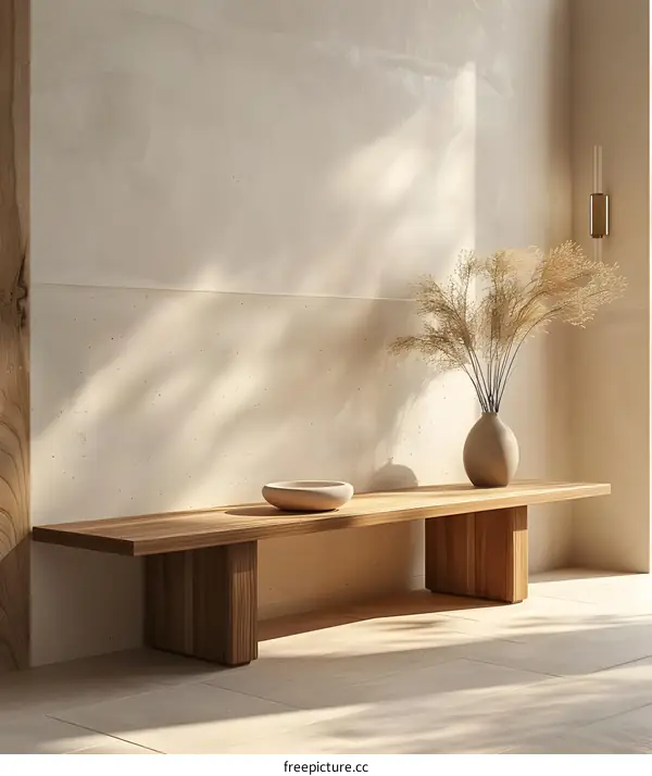 Minimalist Interior Design With Wooden Bench and Dried Grass
