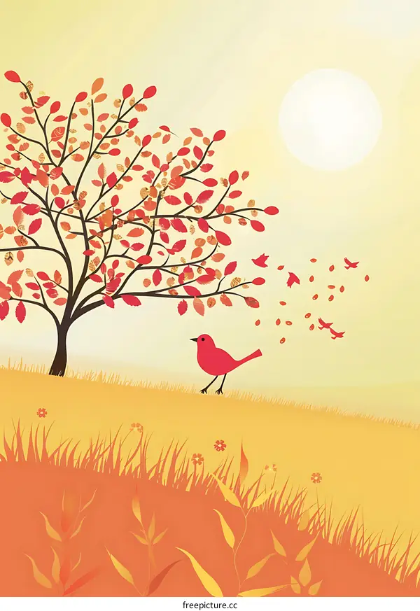 Red Bird on a Branch of a Tree in Autumn
