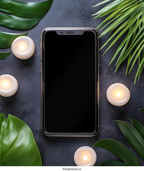 Black Smartphone Screen with Green Leaves and Candles on a Grey Surface