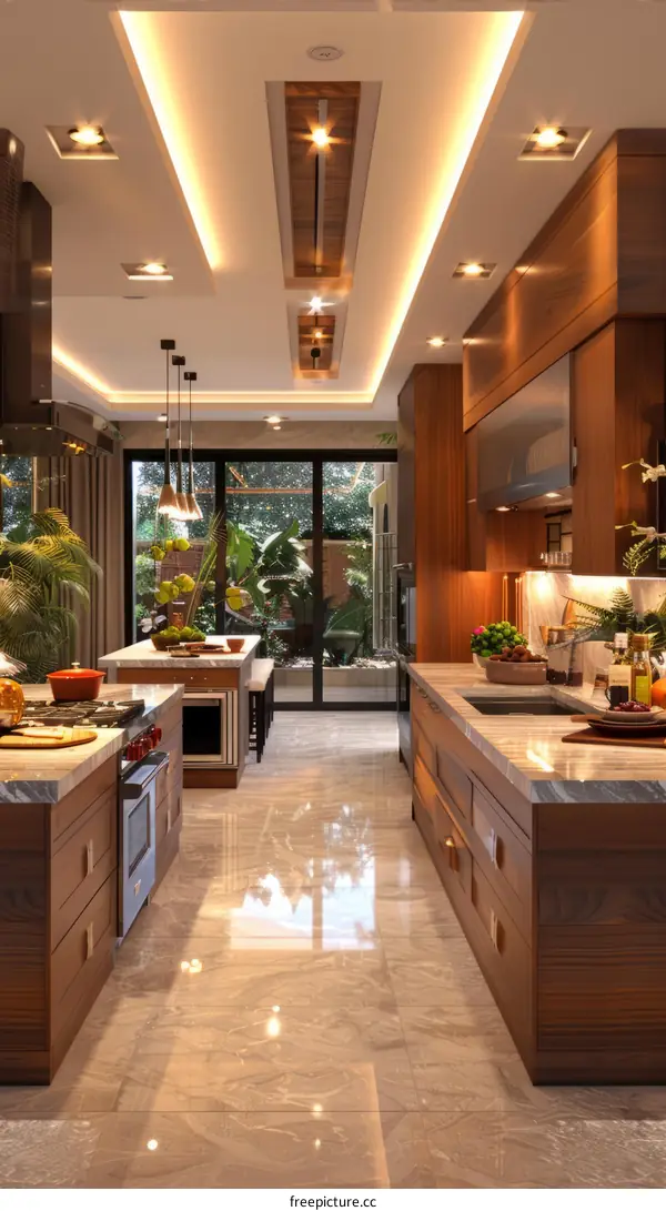 Modern kitchen interior design with wood cabinets and marble countertops