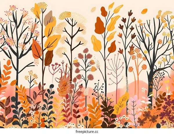 Autumn Forest Illustration with Orange, Yellow and Pink Colors
