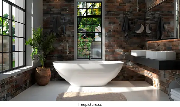Luxury bathroom with brick walls and large windows