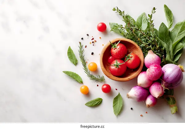Fresh Vegetables and Herbs Arrangement on Marble Surface