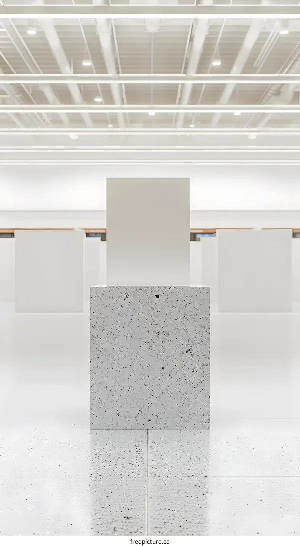 White Square Display Stand On A Concrete Base In Minimalist Gallery