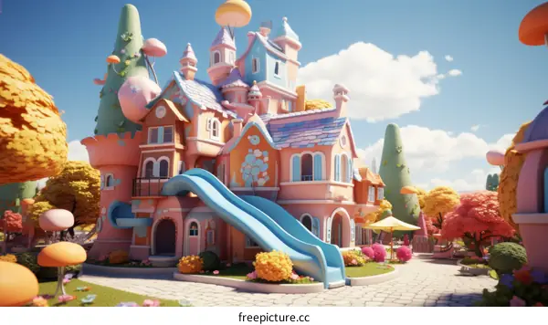 A whimsical digital illustration of a colorful and creative playhouse