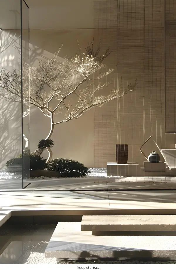 Minimalist Zen Garden Design With White Gravel And A Bare Tree