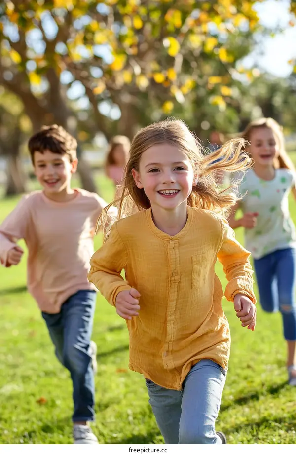 Children Running in Park with Sunshine