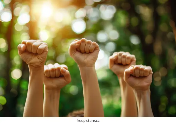 People raising their fists in the air in front of a blurred background of trees