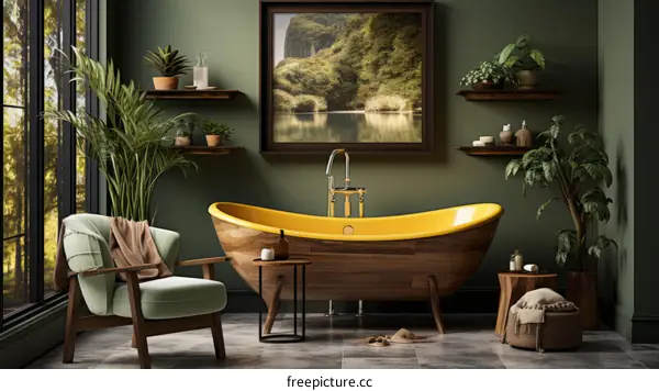 Wooden bathtub in a green bathroom