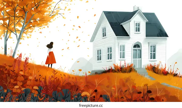 girl looking at the house in autumn