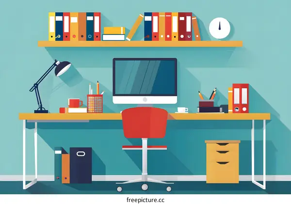 Modern Workplace with Desk, Computer, and Supplies