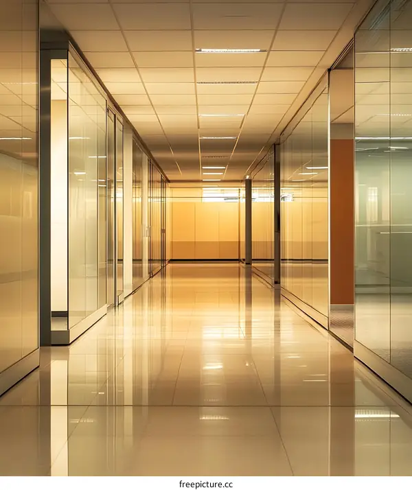 Modern Office Corridor With Glass Walls and Tile Floor